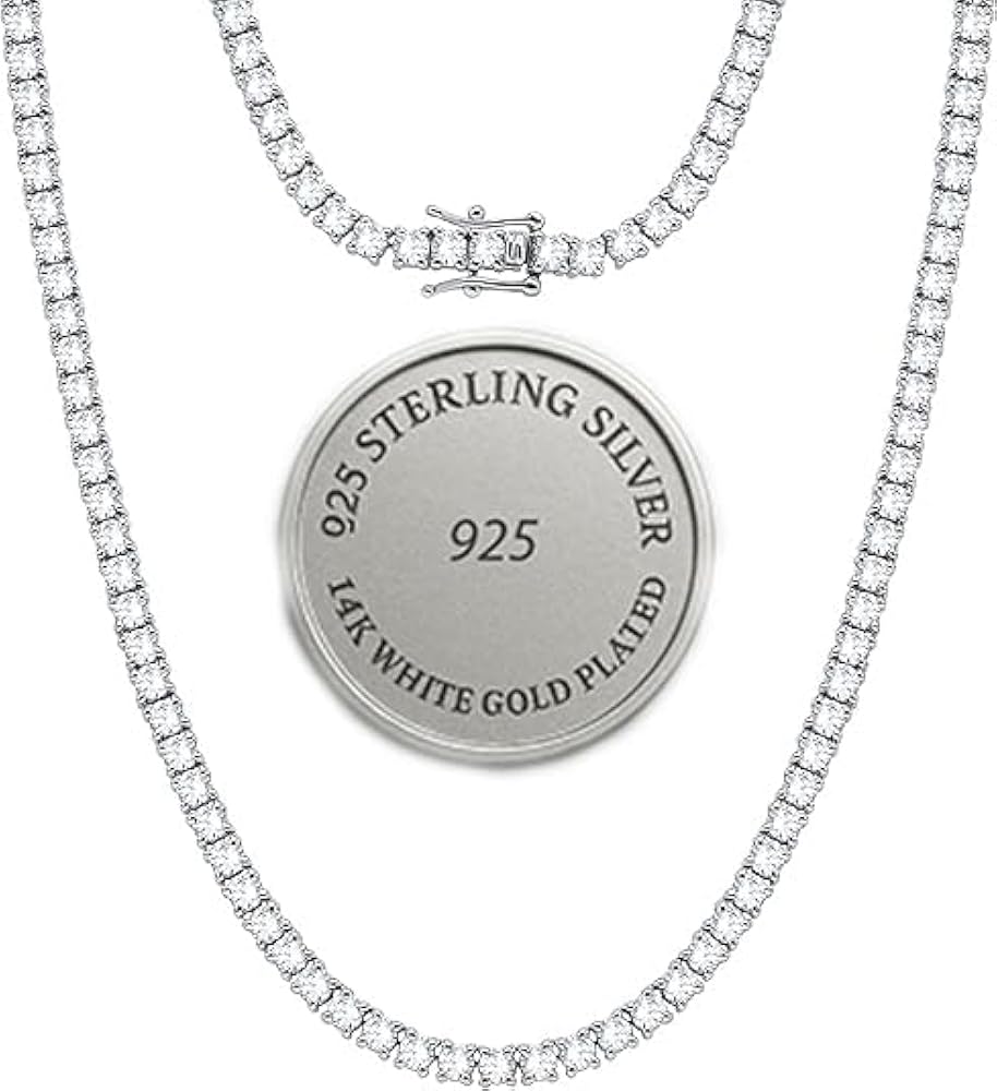 4MM Moissanite Tennis Necklace for Women & Men – 14K White Gold Plated 925 Sterling Silver