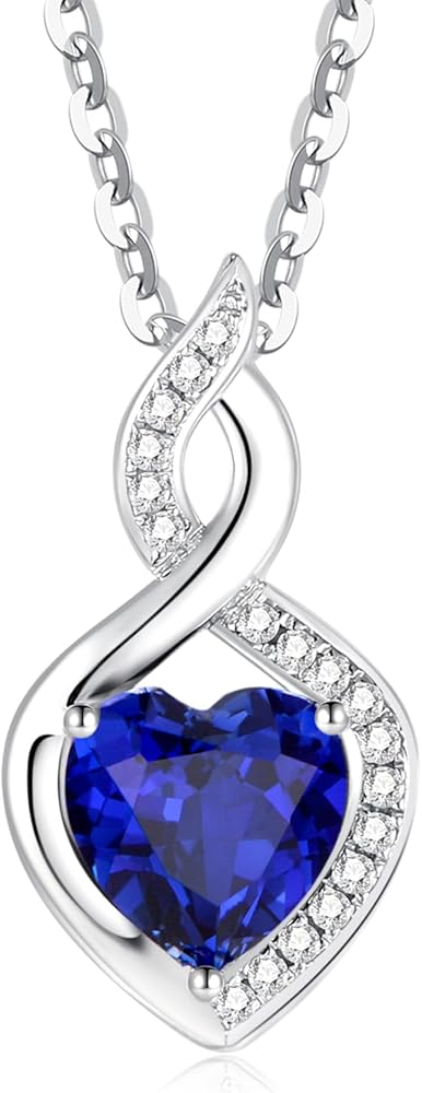 FANCIME 14K Solid White Gold Heart Birthstone Necklace with Diamond Pendent